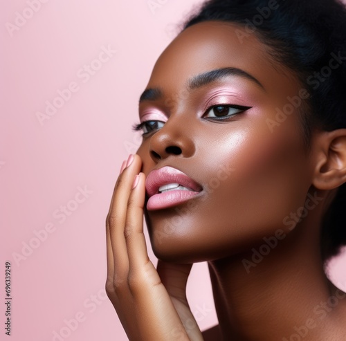 Young beauty african american woman with a perfect manicure, stylish pink nail polish on her lips, pensive poses.