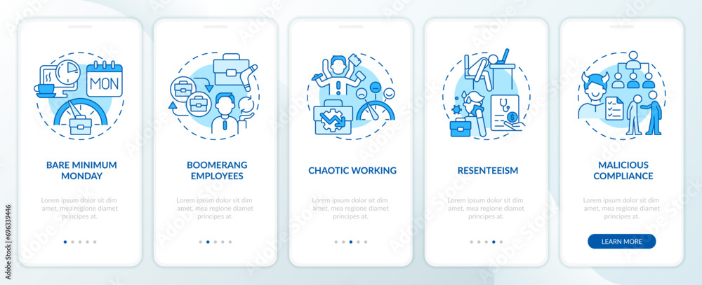 2D icons representing cognitive computing features mobile app screen set. Walkthrough 5 steps blue graphic instructions with thin line icons concept, UI, UX, GUI template.