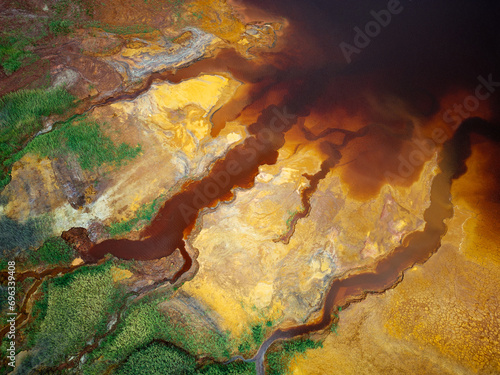 Aerial view of Mining activity. Polluted river and water. Apocalypse scenery. Earth and destruction of nature. Extracting natural resources from the Earth. Ecological disaster.