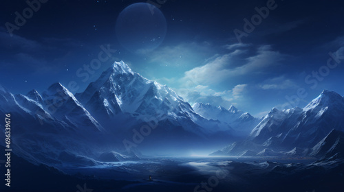 A grand snowy mountain range with a clear night