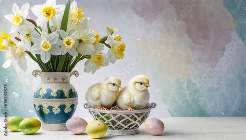 Pastel Easter background with daffodils, Easter eggs and chicks