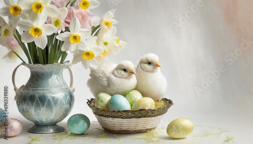 Pastel Easter background with daffodils, Easter eggs and chicks