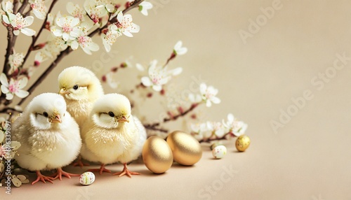Easter background in shades of beige and brown with chicks, Easter eggs and flower-covered tree branches