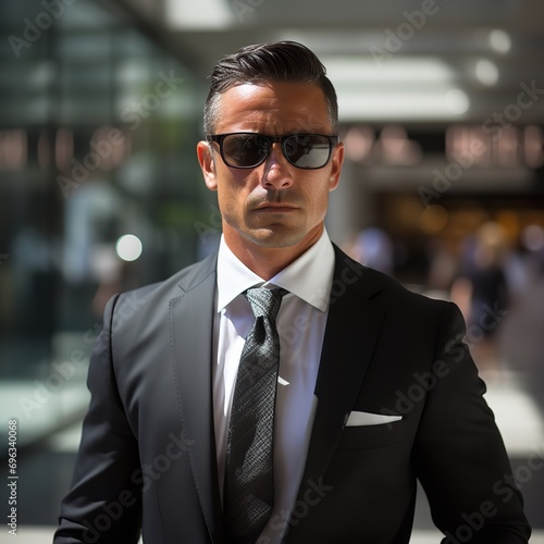 A street portrait of a young, attractive businessman wearing a suit and sunglasses, sun beams, Generative AI.