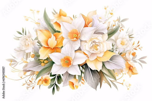 Watercolor Flowers Bouquets, illustration with green gold leaves centre on white background for wedding invitations, greetings, wallpapers, fashion, prints   © Microstocke