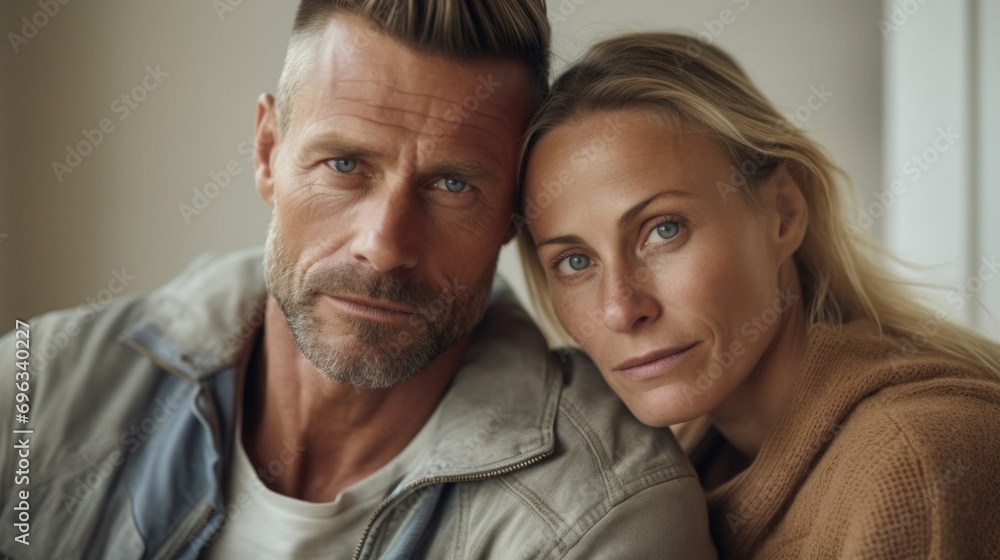 A European couple in their middle age embraces indoors. A European couple in their middle age embraces indoors.