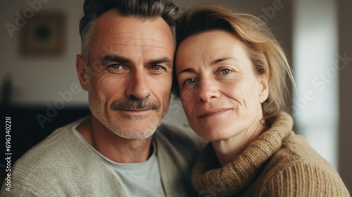 A European couple in their middle age embraces indoors.