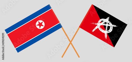 Crossed flags of North Korea and anarchy. Official colors. Correct proportion