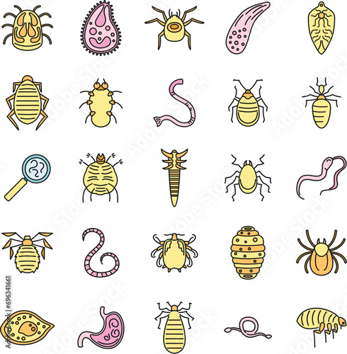Parasite insect icons set. Outline set of parasite insect vector icons thin line color flat on white