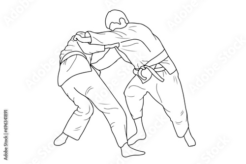 Line drawing of two young sportive judoka fighter. Judoist, judoka, athlete, duel, fight, judo