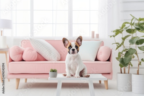 The muzzle and paws of a French bulldog puppy in the living room against the backdrop of a large bright window and a pink sofa.
​ photo