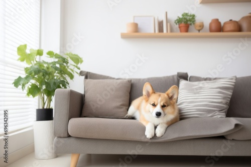 A cute puppy corgi lies calmly on a light sofa, looking into the lens.