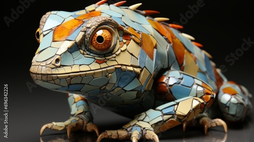 Chameleon in kintsugi style. An animal sculpture made from broken fragments.