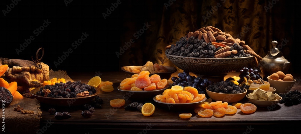Dried fruits and nuts on wooden round plate against dark background. Concept of healthy food products. Benefit in every bite! Banner.