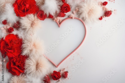 A heart surrounded by feathers and flowers