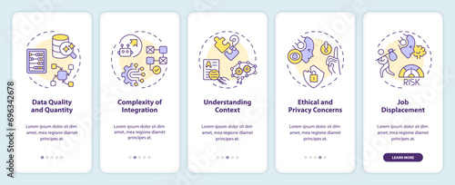 2D icons representing challenges of cognitive computing mobile app screen set. Walkthrough 5 steps multicolor graphic instructions with line icons concept, UI, UX, GUI template.