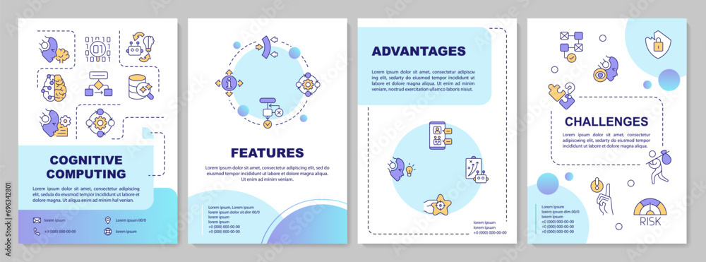 Cognitive computing creative gradient brochure template, leaflet design with thin linear simple icons, 4 vector layouts. Cognitive computing creative gradient brochure template, leaflet design with thin linear simple icons, 4 vector layouts.