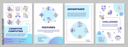Cognitive computing creative gradient brochure template, leaflet design with thin linear simple icons, 4 vector layouts.