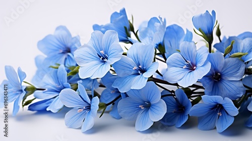 Flax blossoms in blue against a white backdrop, copy space, horizontal, Generative AI. photo