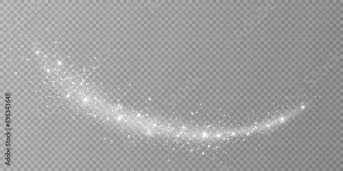 Vector white glitter wave abstract illustration. White star dust trail sparkling particles isolated on transparent background. Magic concept