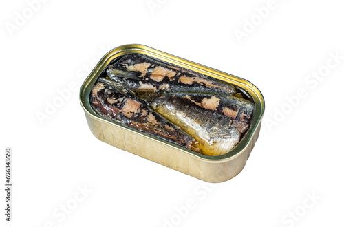 Open can with sardine in olive oil.  Transparent background. Isolated.