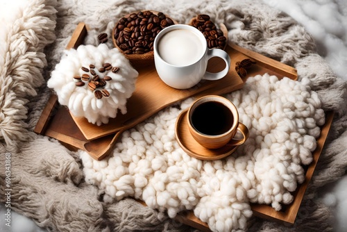 Mug with coffee and home decor on wooden serving tray on sheep skin rug. Winter weekend concept  top view