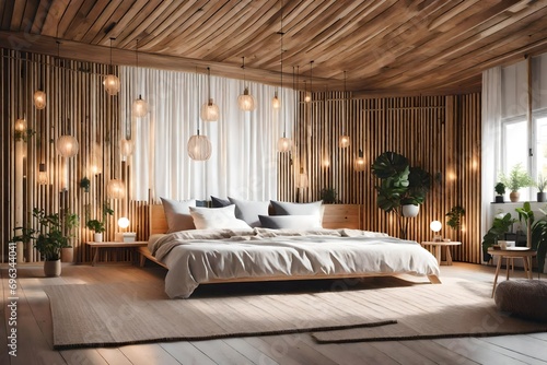 Cosy bedroom with eco decor. Wood and nature concept in interior of room. Scandinavian interior, real photo. Hygge decoration concept