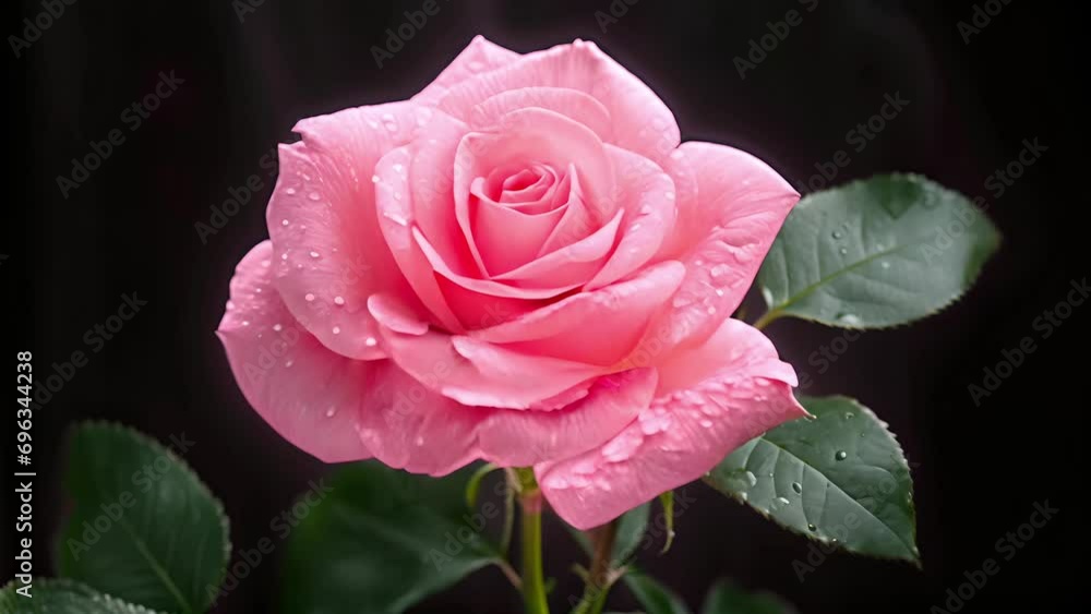 A vibrant pink rose with water droplets on its petals against a dark background A vibrant pink rose with water droplets on its petals against a dark background