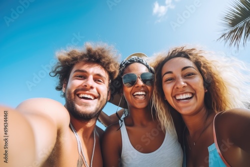 A group of friends taking a selfie at the beach