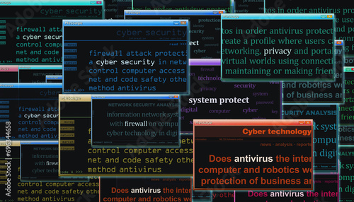 Cyber security firewall antivirus system protect privacy pop up windows on computer screen. Abstract concept of news titles across social media illustration.