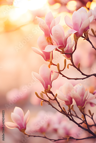 Beautiful blooming Magnolia tree with pink flowers in spring