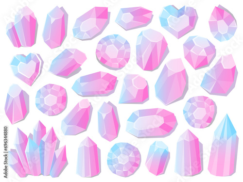 Set of beautiful mystical diamonds. Light blue and pink crystals. Gemstones on white background. Geometric shapes. Rhinestones. Magic and esoteric stones. Amethyst, precious stones, treasures. 