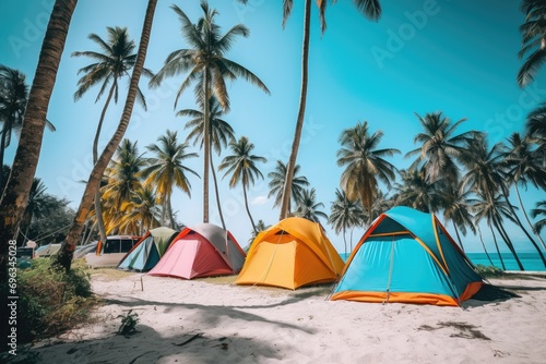 A group of tents sitting on top of a sandy beach © pham