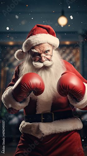 Santa Claus with boxing glove ready for fight. Funny and different.