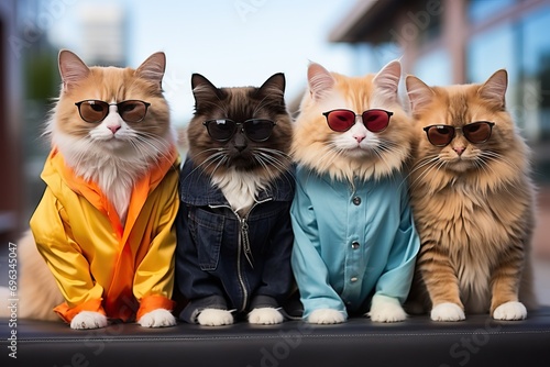 Domestic cats are dressed in colorful jackets photo
