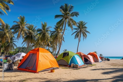 A group of tents set up on a beach