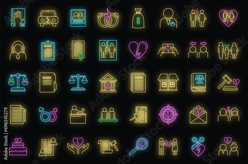 Divorce separation icons set. Outline set of divorce separation vector icons neon color on black