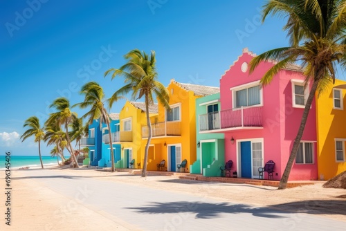 A row of brightly colored houses on a beach © pham