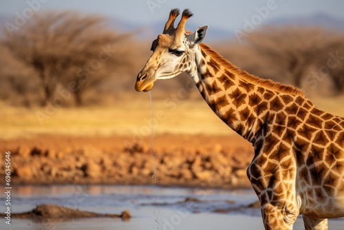 A giraffe standing next to a body of water