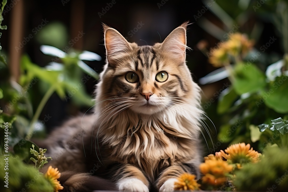 Spring portrait of a kitten with flowers, an adult fluffy cat.