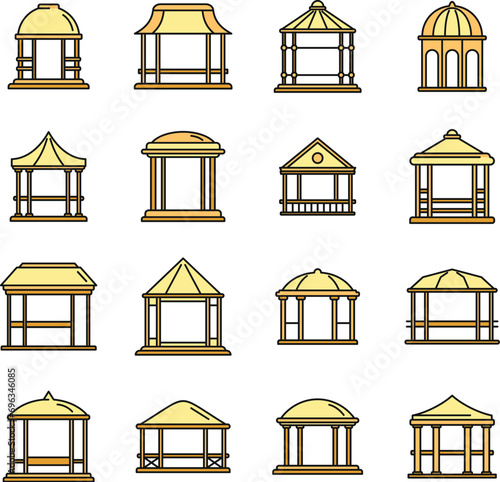 Summer gazebo icons set. Outline set of summer gazebo vector icons thin line color flat on white