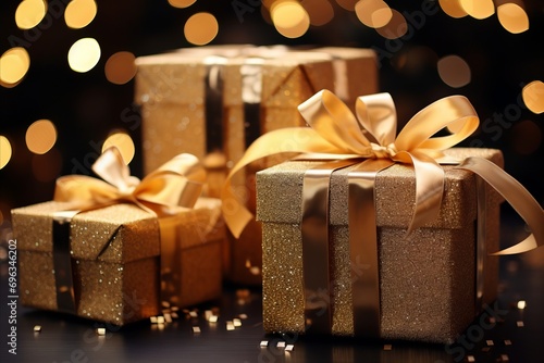 Christmas Gifts with golden bows in Blurred Lights.