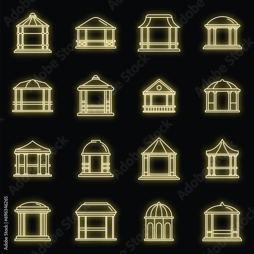 Summer gazebo icons set. Outline set of summer gazebo vector icons neon color on black