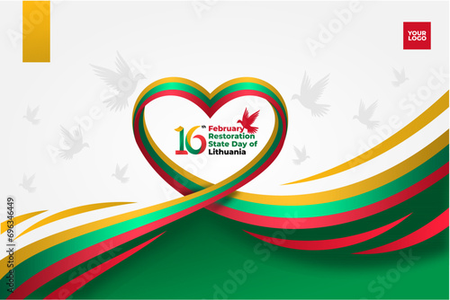 Lithuania restoration of the state day with flag love background and 16th February logotype