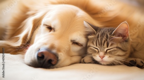 Cat and dog sleeping together. Kitten and golden retriever taking nap. Home pets. Animal care. Love and friendship. Domestic animals.