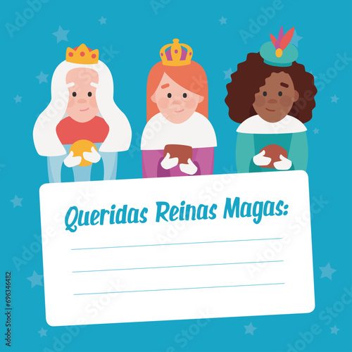 Funny vectorized letter. Dear wise women, written in Spanish.Queens of orient vectors. Christmas postal