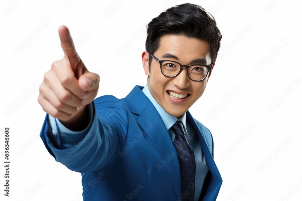 A man in a blue suit pointing at the camera A man in a blue suit pointing at the camera