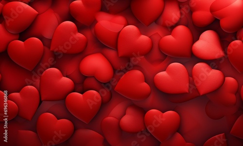 Red hearts on a red background. Valentine's Day. 3d rendering