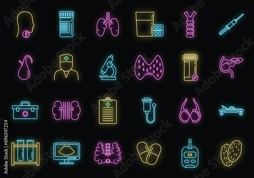 Endocrinologist doctor icons set. Outline set of endocrinologist doctor vector icons neon color on black photo