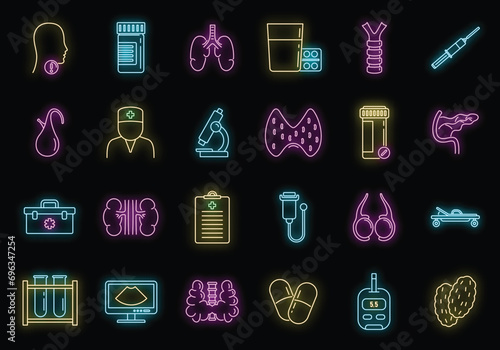 Endocrinologist doctor icons set. Outline set of endocrinologist doctor vector icons neon color on black